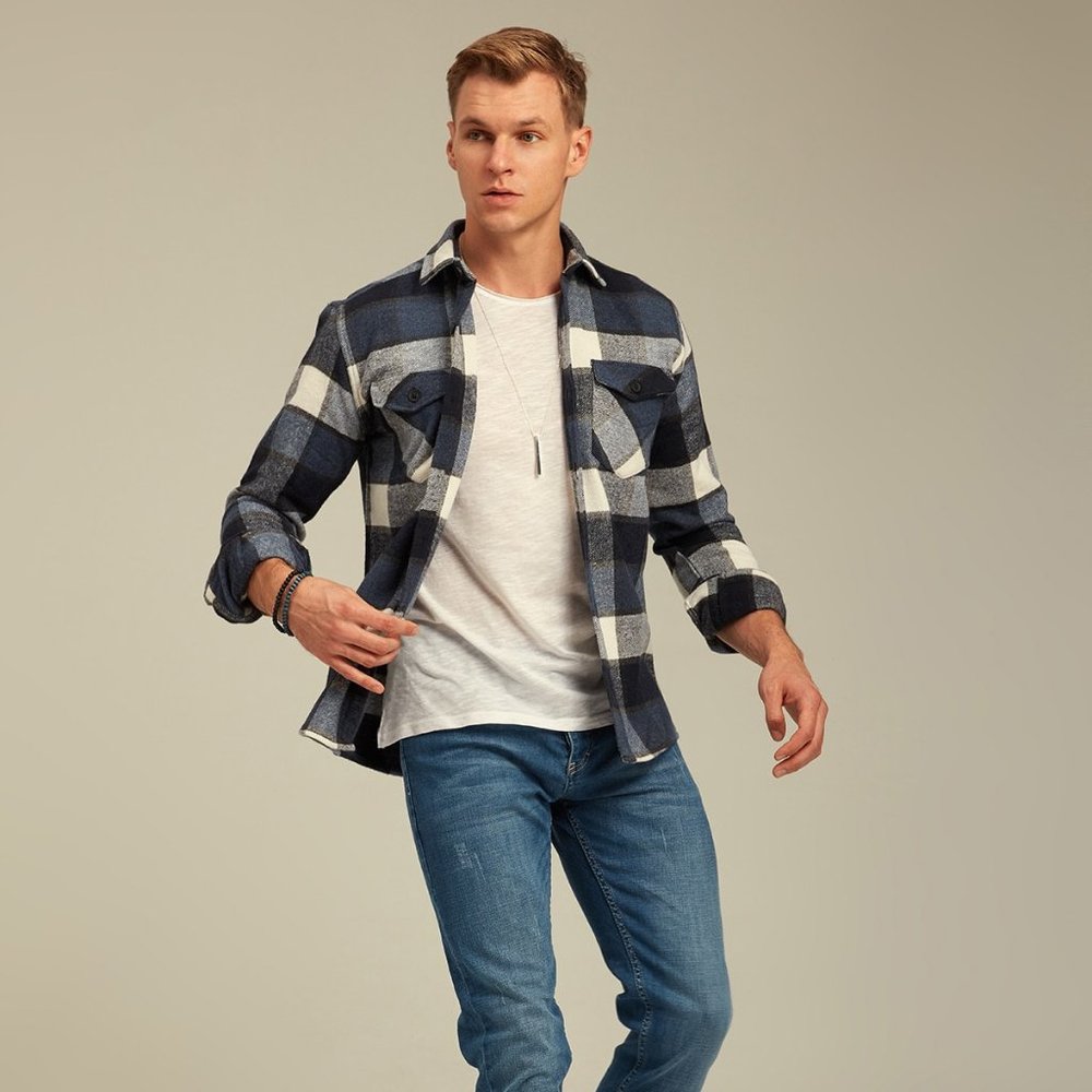Man's Plaid Flannel Blue Shirt - Picture 2 of 5